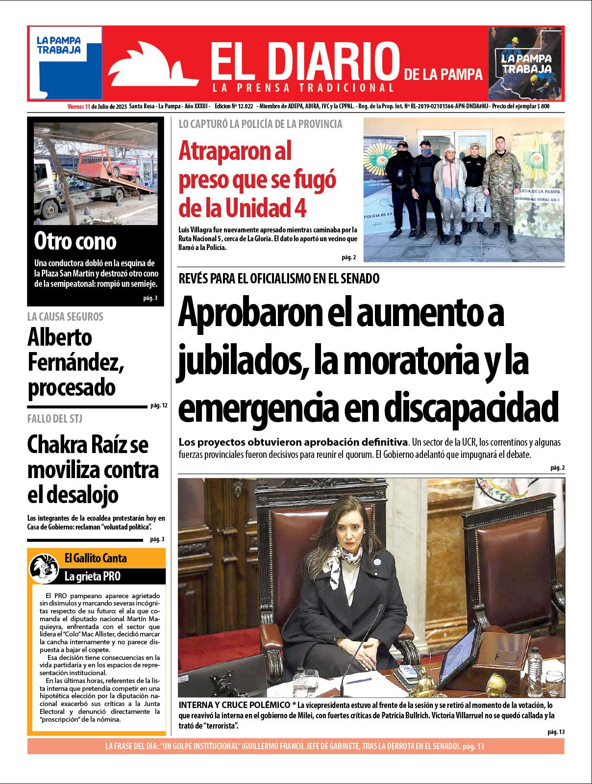 Tapa de El Diario en papel  viernes 11 de julio de 2025